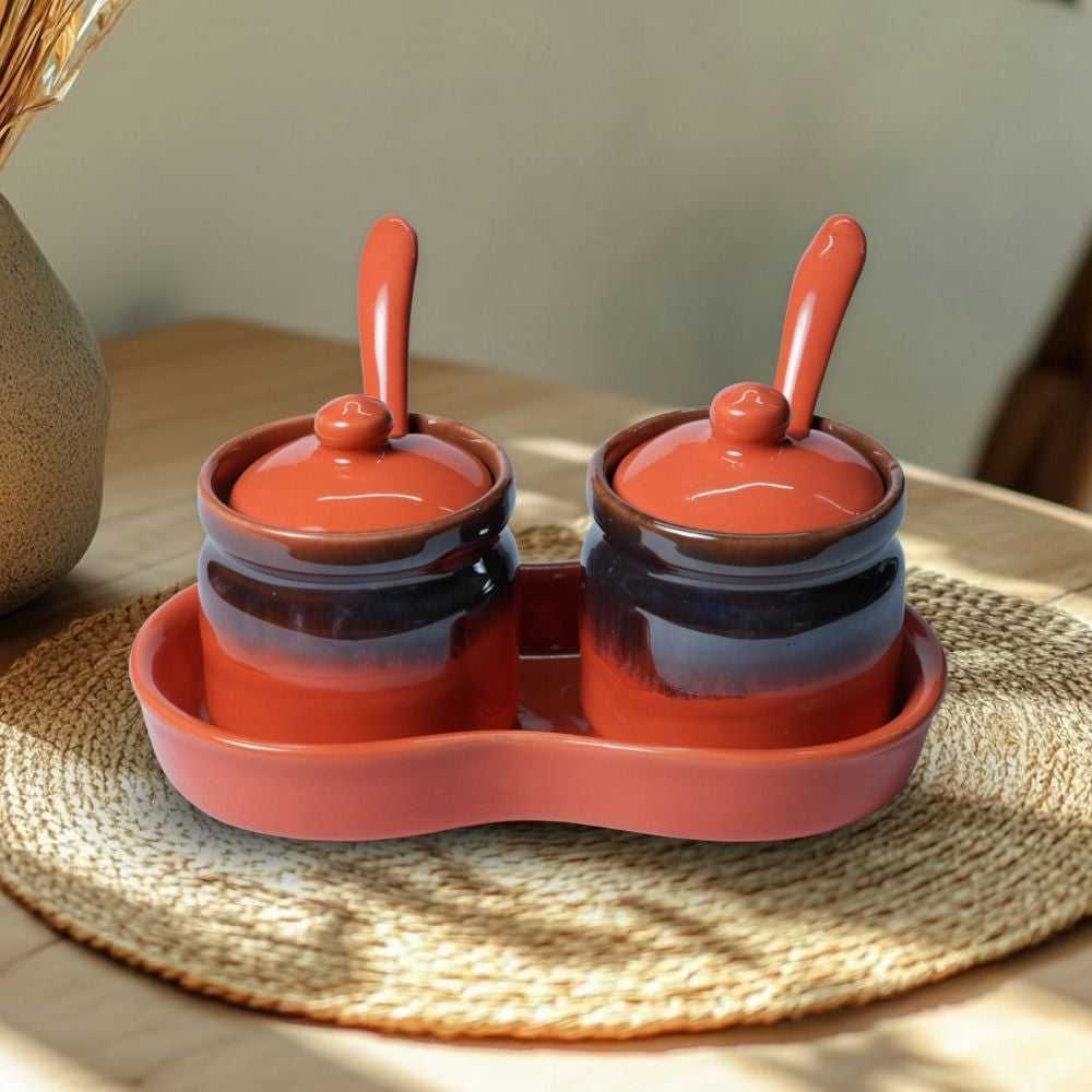 orange ceramic spice jar set of 2 with tray for storing and serving spices condiments and seasonings